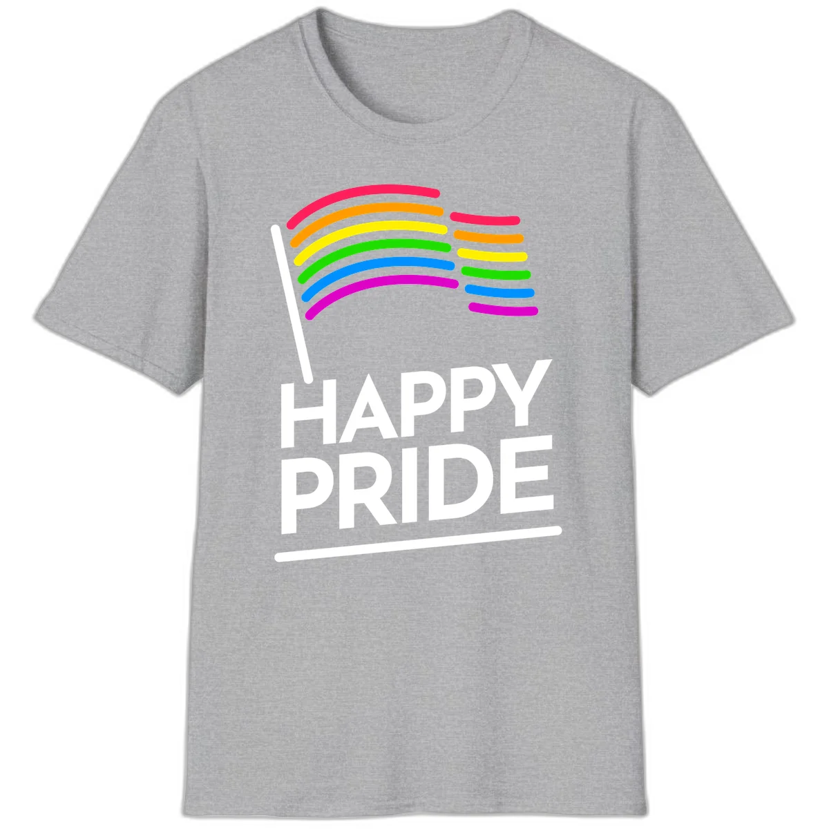 Happy Pride rainbow flag design with seven curved colored stripes waving from a flagpole and white text reading HAPPY PRIDE in Sport Grey