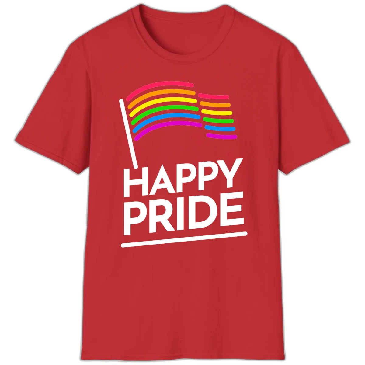 Happy Pride rainbow flag design with seven curved colored stripes waving from a flagpole and white text reading HAPPY PRIDE in Red
