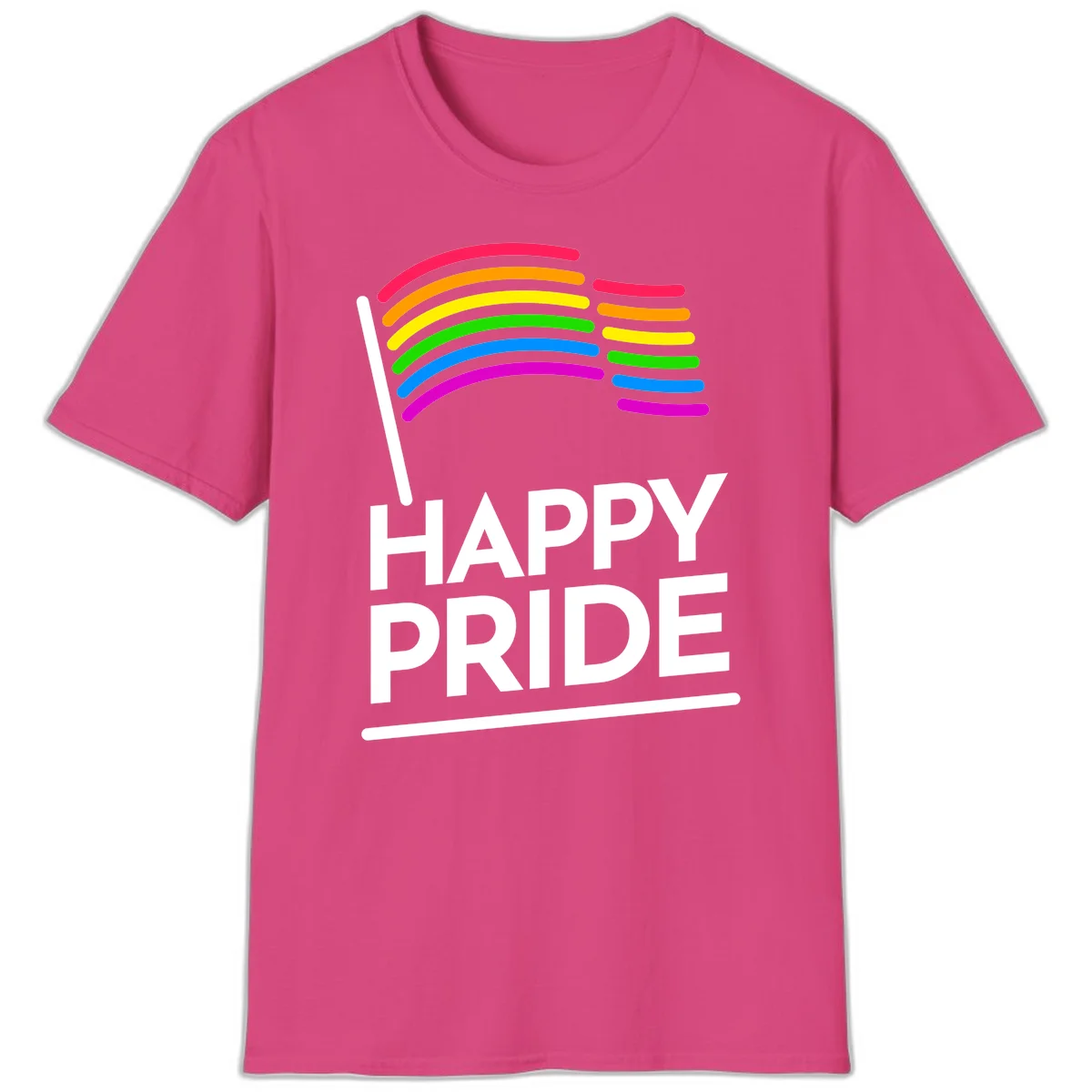 Happy Pride rainbow flag design with seven curved colored stripes waving from a flagpole and white text reading HAPPY PRIDE in Heliconia