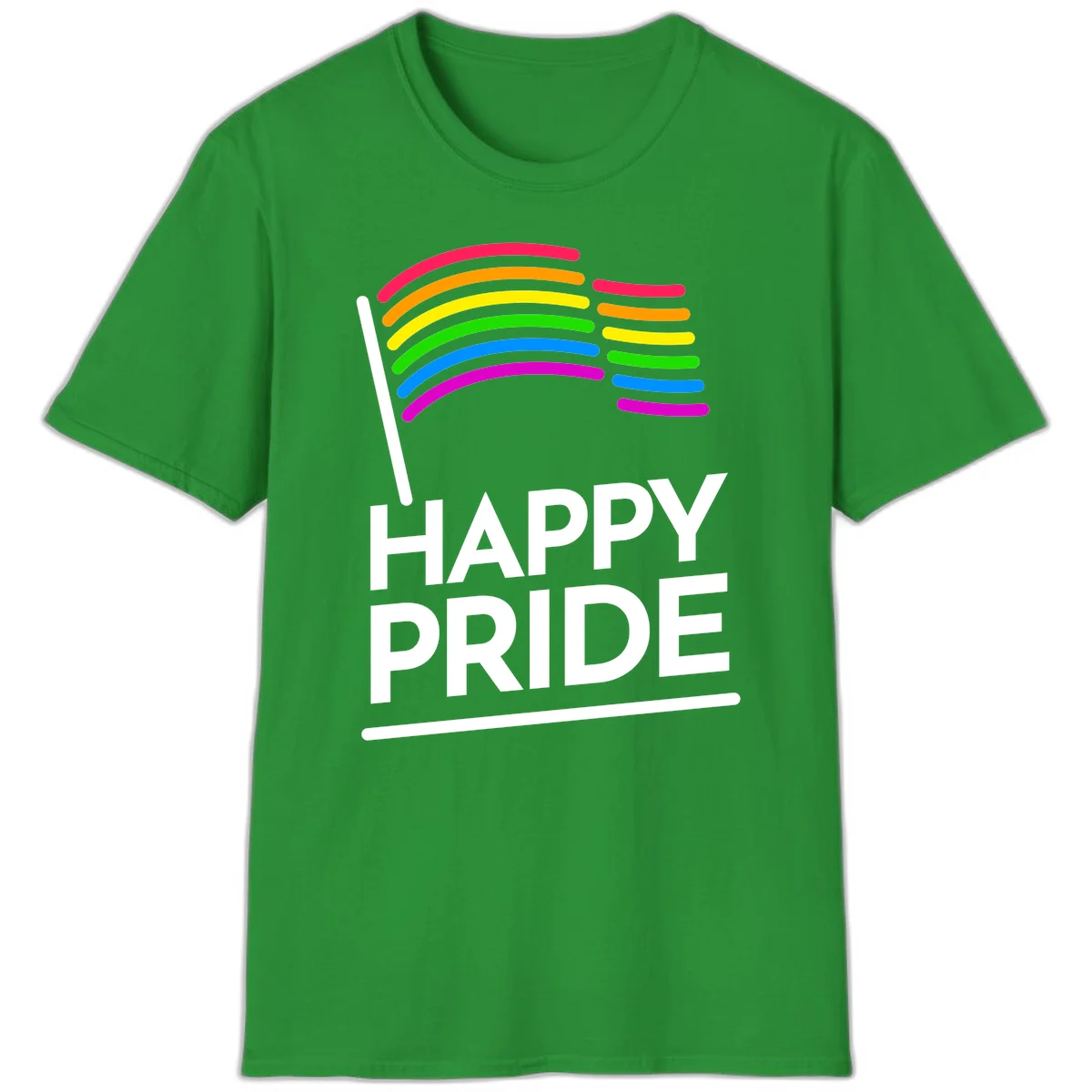 Happy Pride rainbow flag design with seven curved colored stripes waving from a flagpole and white text reading HAPPY PRIDE in Irish Green