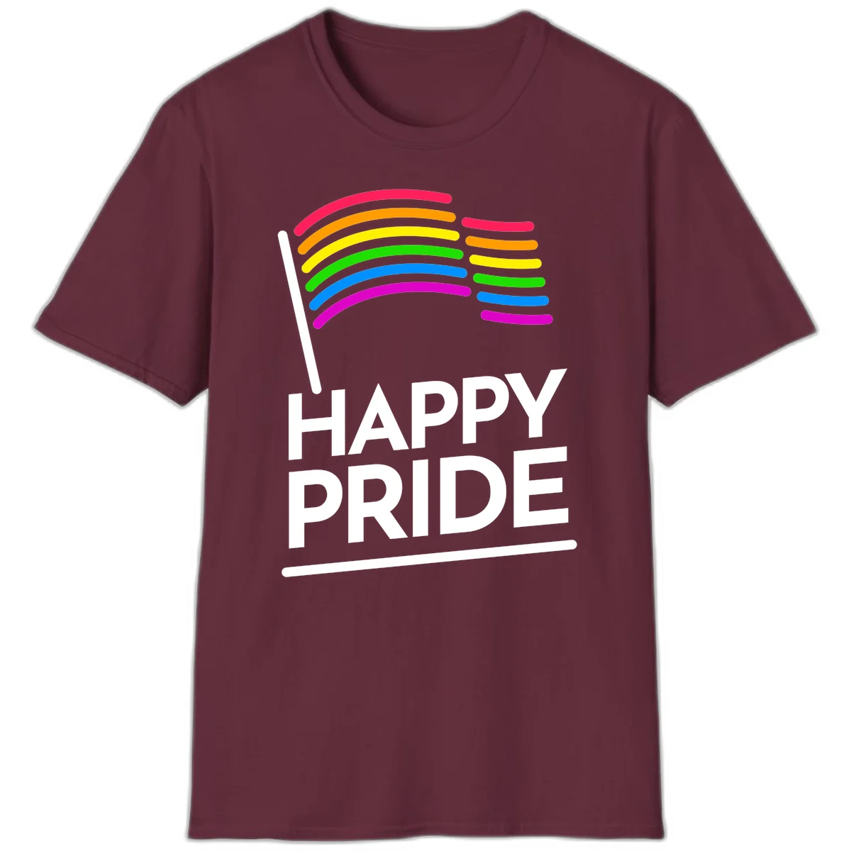 Happy Pride rainbow flag design with seven curved colored stripes waving from a flagpole and white text reading HAPPY PRIDE in Maroon