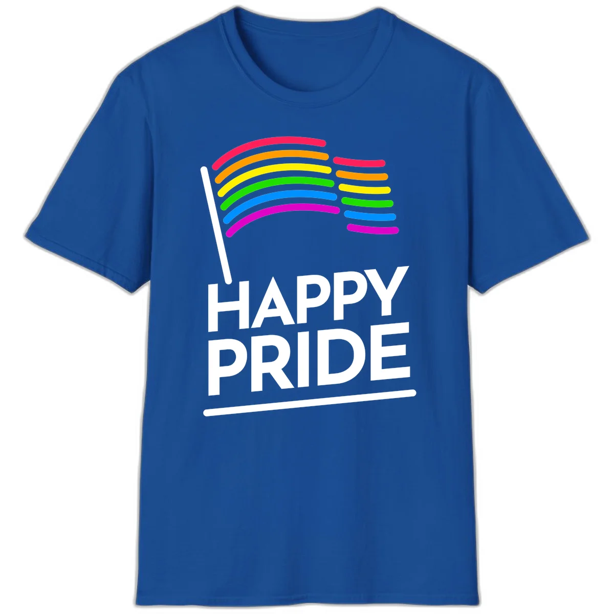 Happy Pride rainbow flag design with seven curved colored stripes waving from a flagpole and white text reading HAPPY PRIDE in Royal
