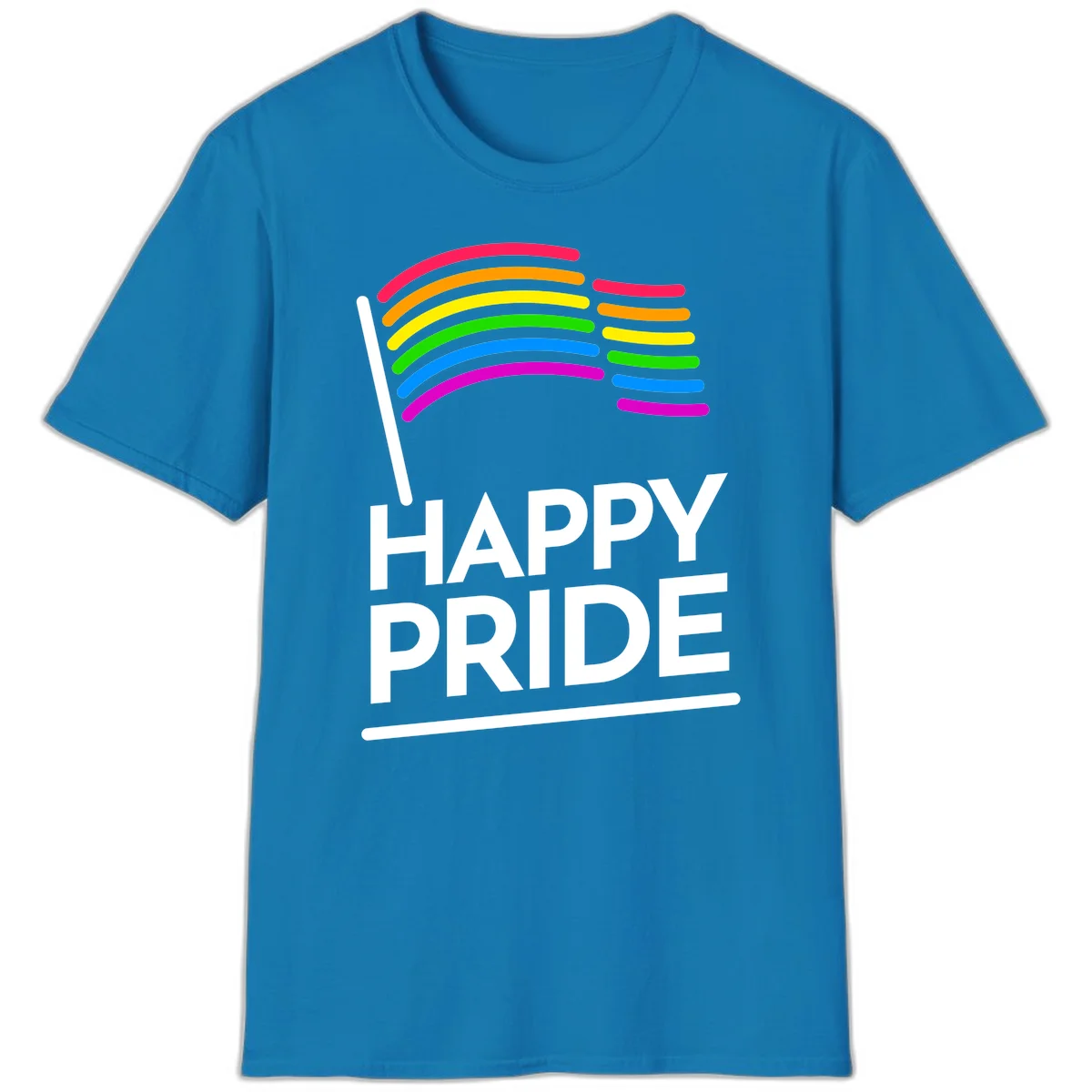 Happy Pride rainbow flag design with seven curved colored stripes waving from a flagpole and white text reading HAPPY PRIDE in Sapphire