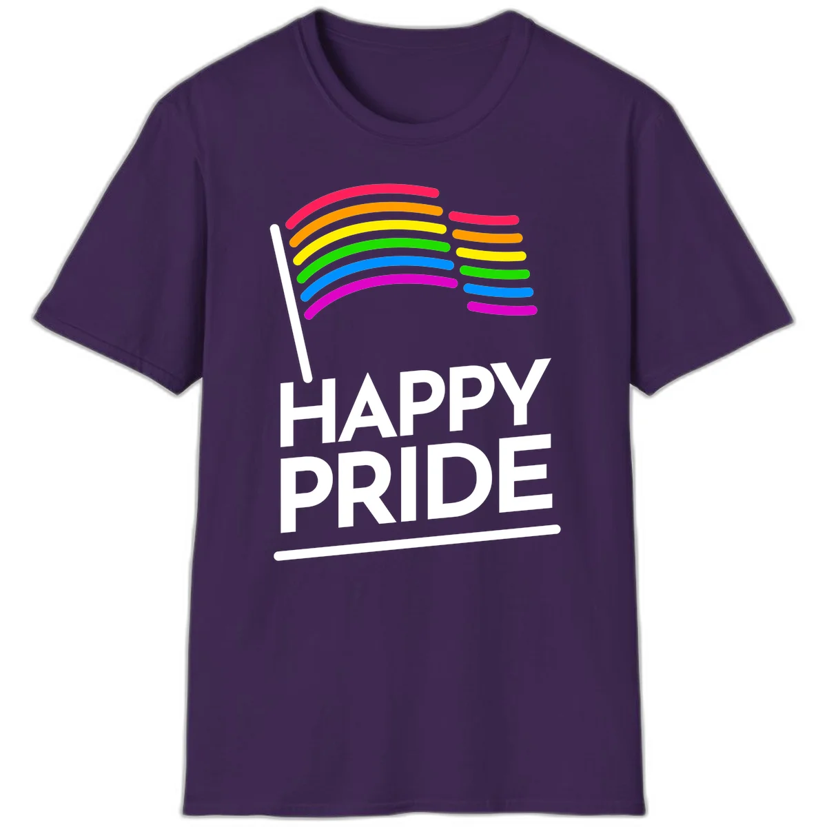 Happy Pride rainbow flag design with seven curved colored stripes waving from a flagpole and white text reading HAPPY PRIDE in Purple