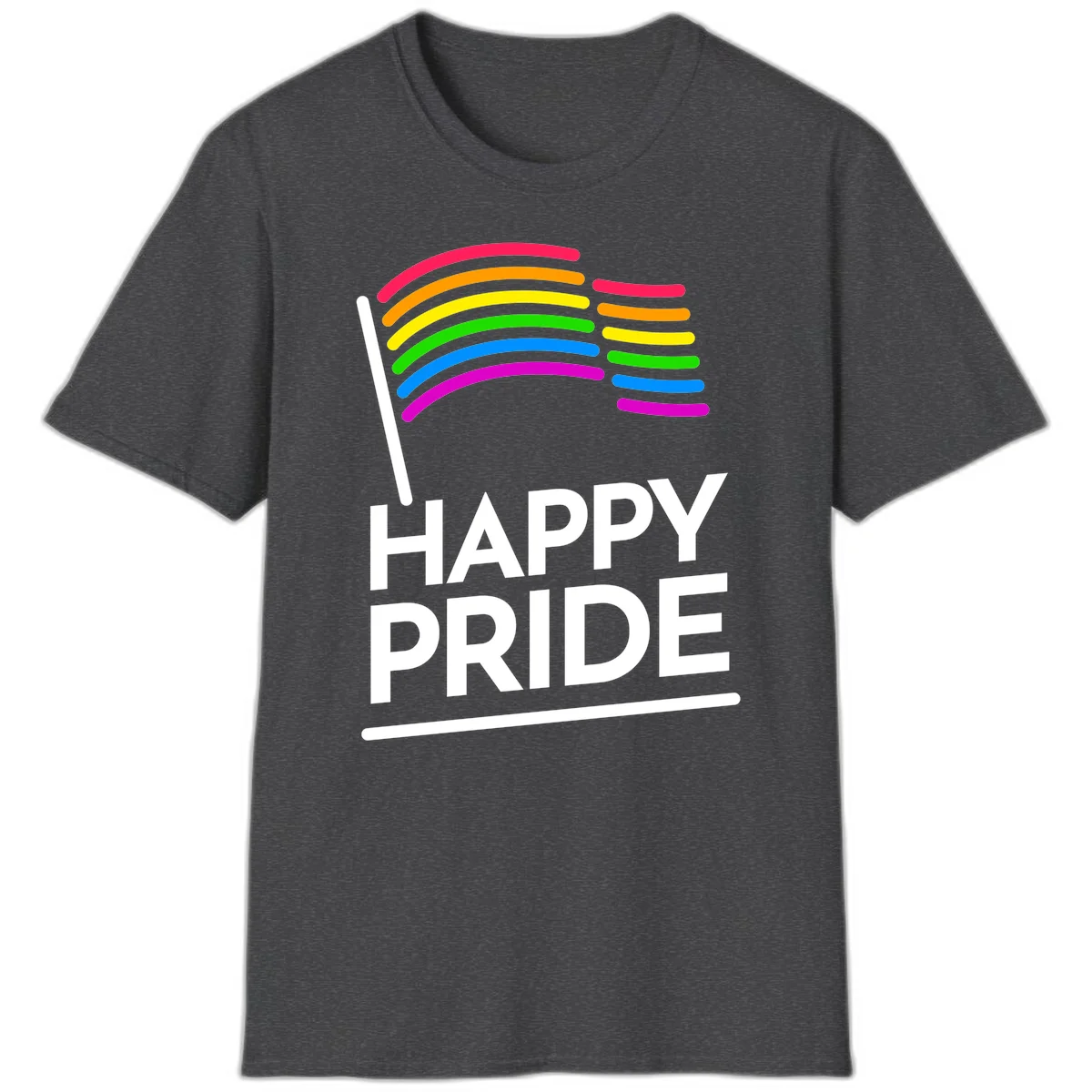 Happy Pride rainbow flag design with seven curved colored stripes waving from a flagpole and white text reading HAPPY PRIDE in Dark Heather