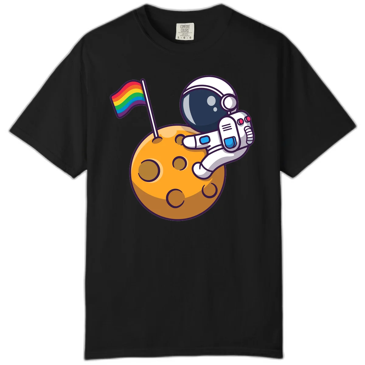 Cartoon astronaut in white space suit holding rainbow pride flag on golden moon surface with craters in Black