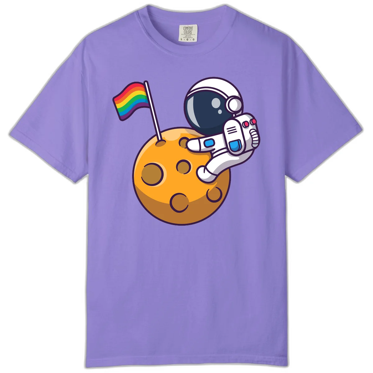 Cartoon astronaut in white space suit holding rainbow pride flag on golden moon surface with craters in Violet
