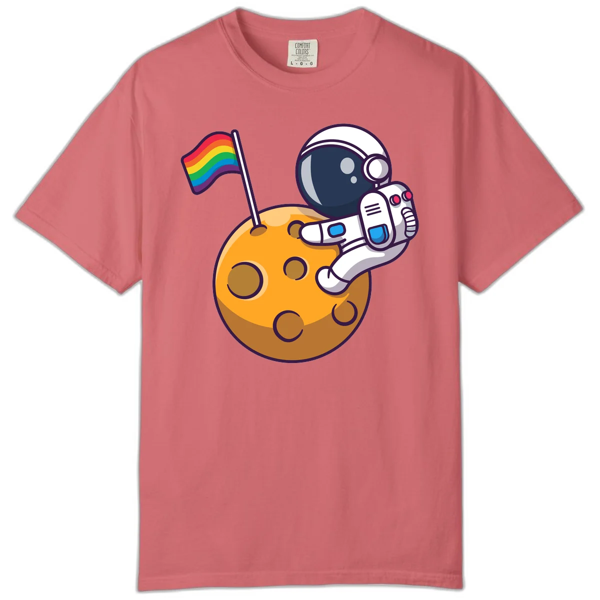 Cartoon astronaut in white space suit holding rainbow pride flag on golden moon surface with craters in Watermelon