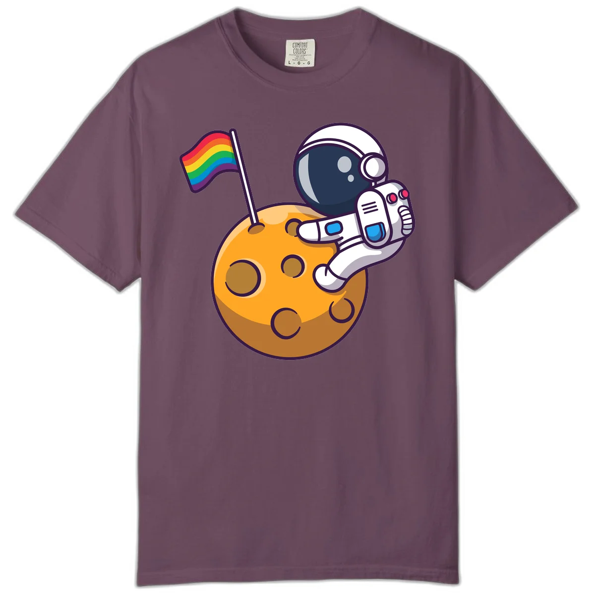 Cartoon astronaut in white space suit holding rainbow pride flag on golden moon surface with craters in Berry