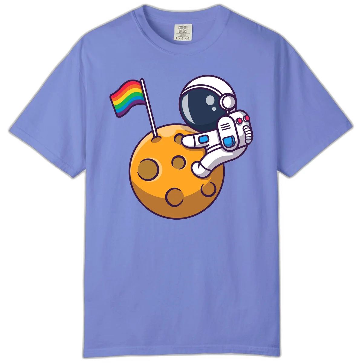 Cartoon astronaut in white space suit holding rainbow pride flag on golden moon surface with craters in Flo Blue