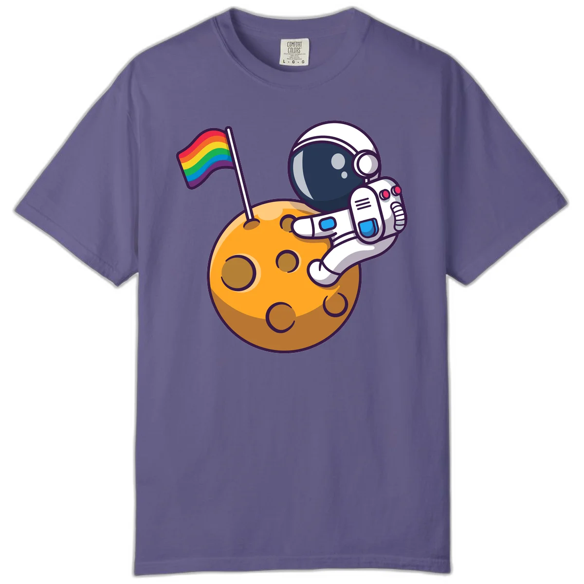 Cartoon astronaut in white space suit holding rainbow pride flag on golden moon surface with craters in Grape