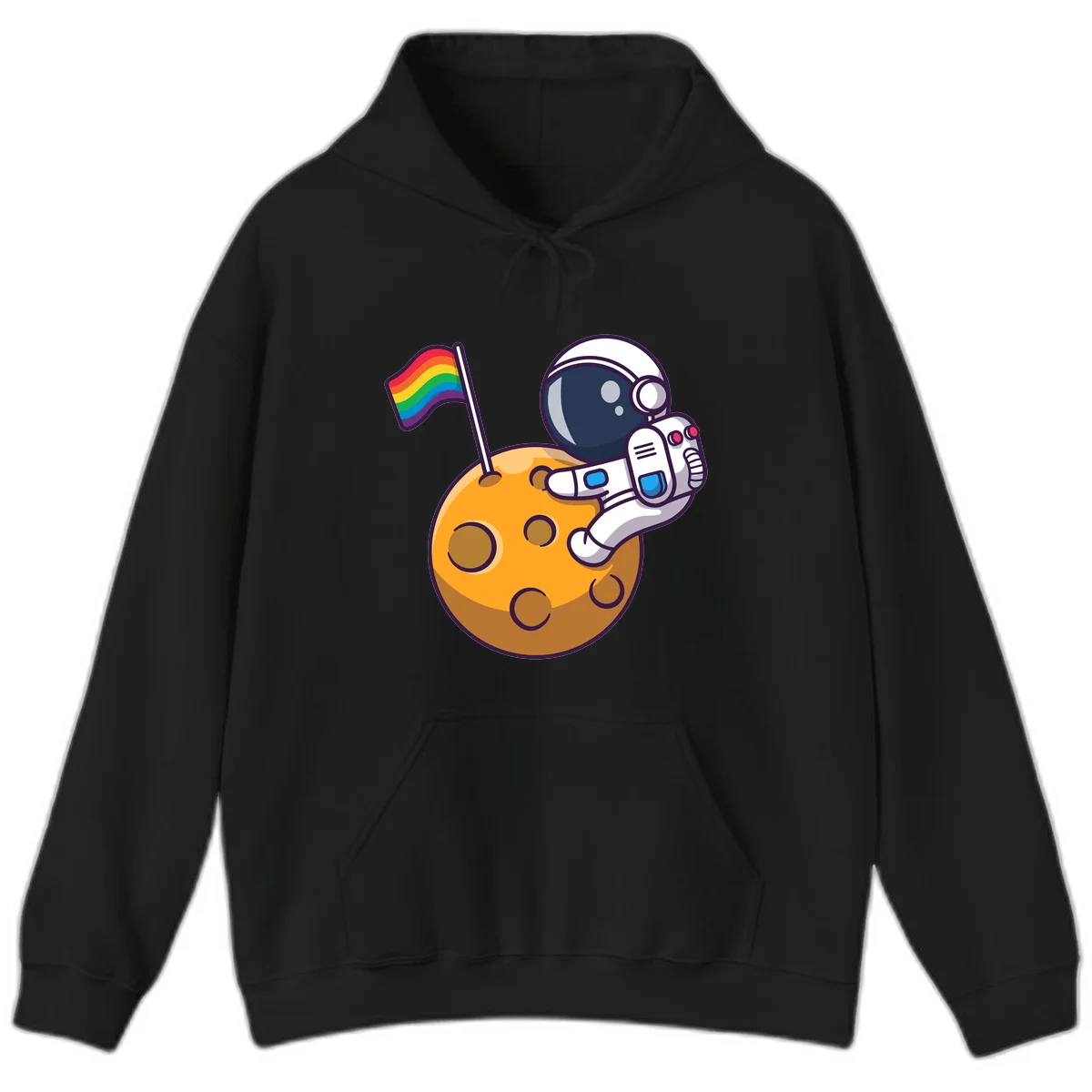Cartoon astronaut in white space suit holding rainbow pride flag on golden moon surface with craters in Black