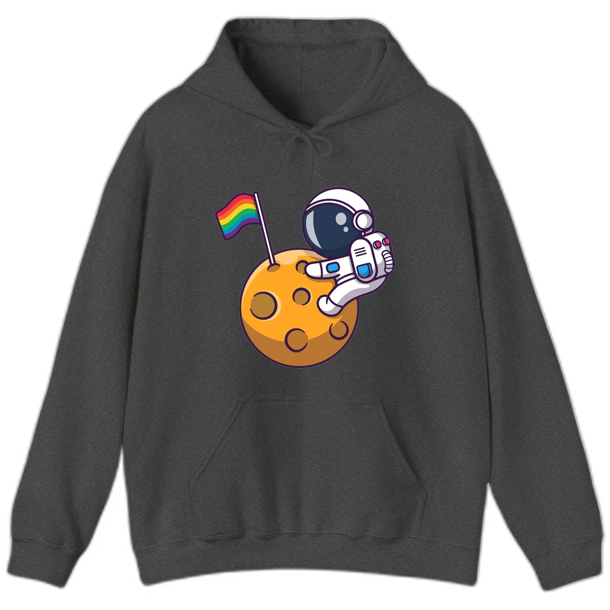 Cartoon astronaut in white space suit holding rainbow pride flag on golden moon surface with craters in Dark Heather
