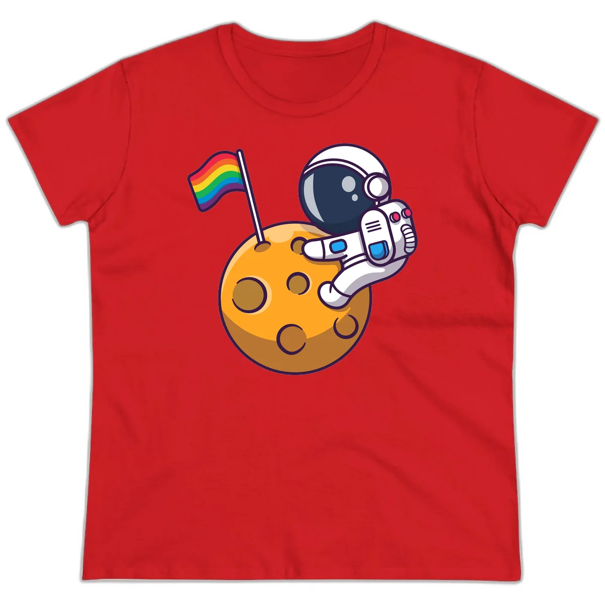 Cartoon astronaut in white space suit holding rainbow pride flag on golden moon surface with craters in Red