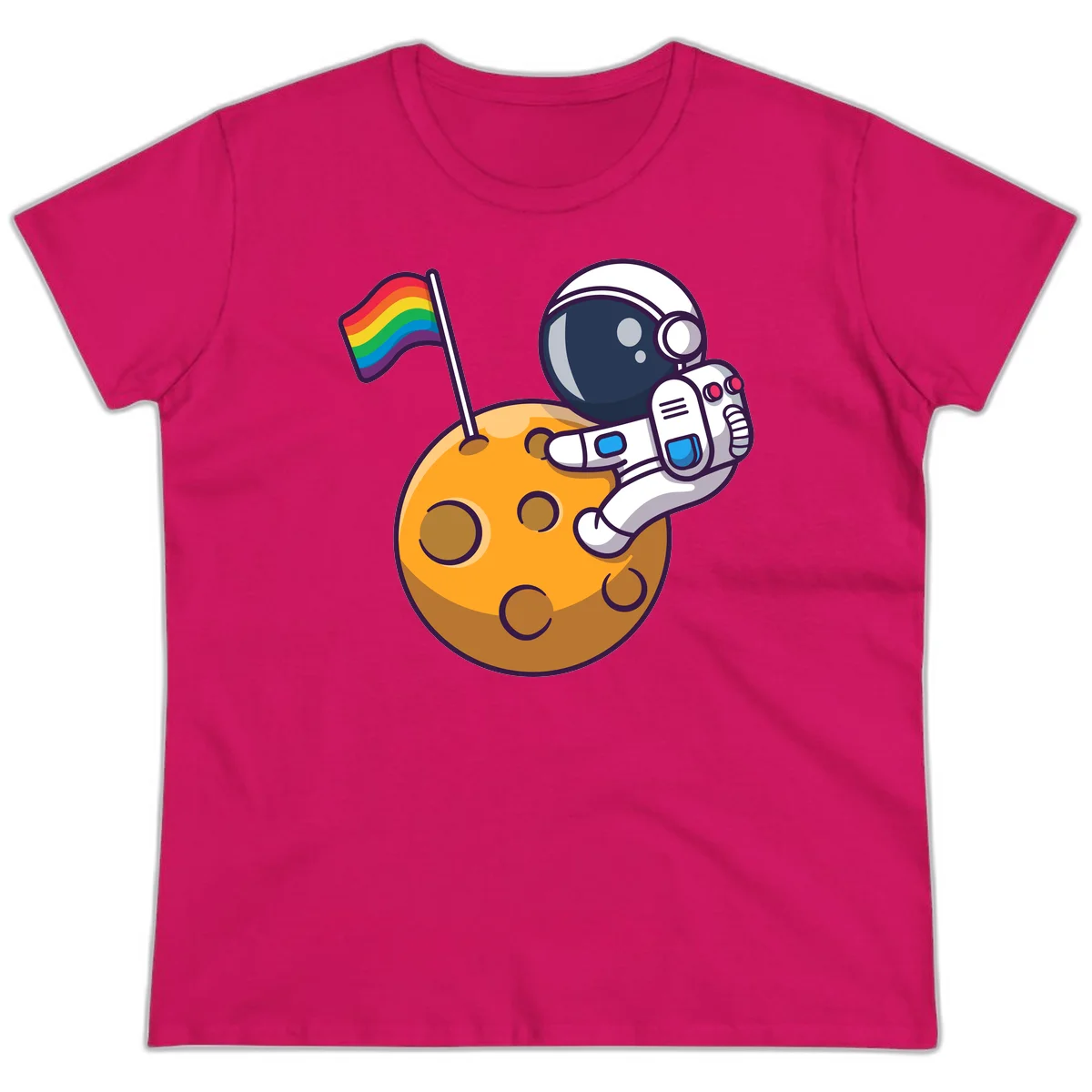 Cartoon astronaut in white space suit holding rainbow pride flag on golden moon surface with craters in Heliconia