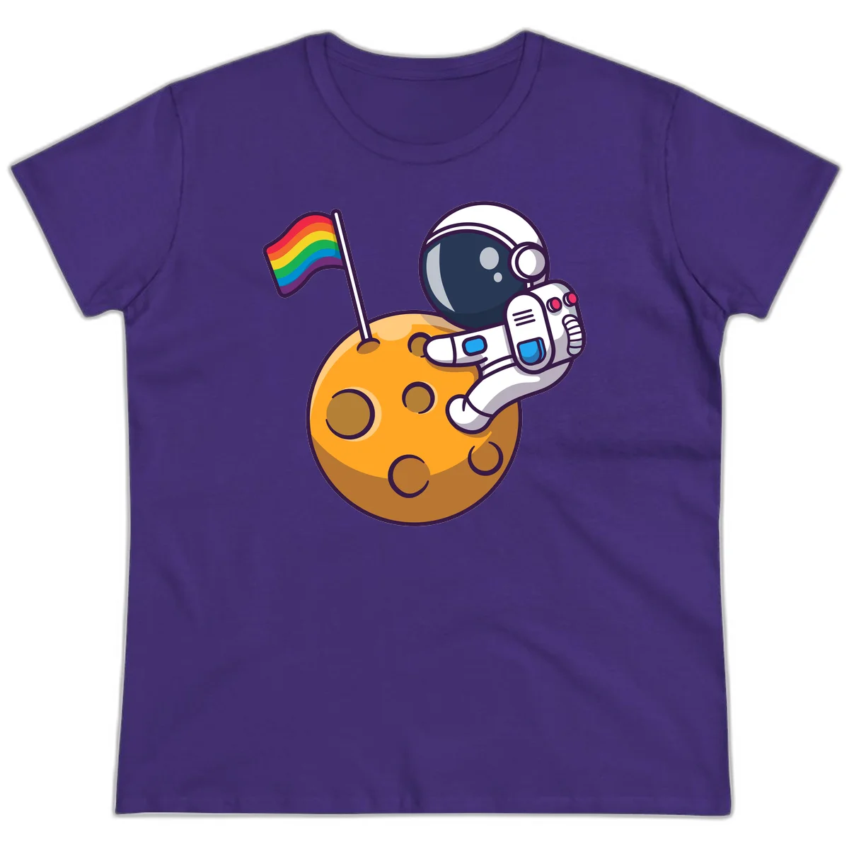 Cartoon astronaut in white space suit holding rainbow pride flag on golden moon surface with craters in Purple