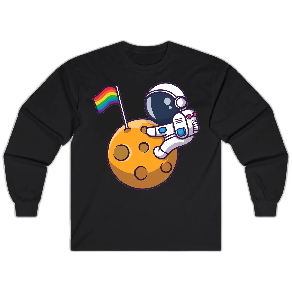 Cartoon astronaut in white space suit holding rainbow pride flag on golden moon surface with craters in Black