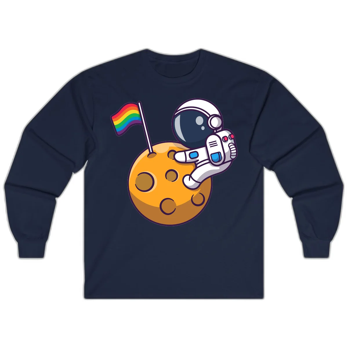 Cartoon astronaut in white space suit holding rainbow pride flag on golden moon surface with craters in Navy