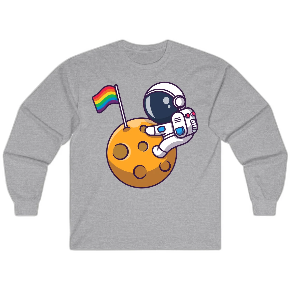 Cartoon astronaut in white space suit holding rainbow pride flag on golden moon surface with craters in Sport Grey