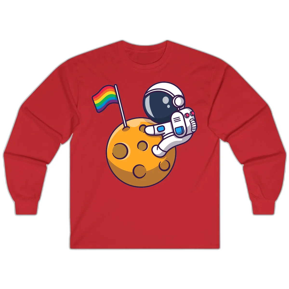 Cartoon astronaut in white space suit holding rainbow pride flag on golden moon surface with craters in Red
