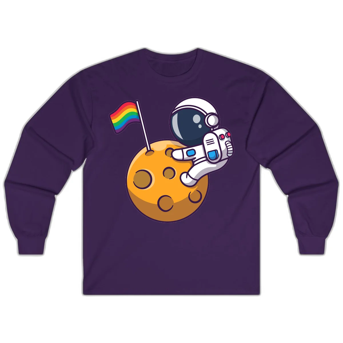 Cartoon astronaut in white space suit holding rainbow pride flag on golden moon surface with craters in Purple