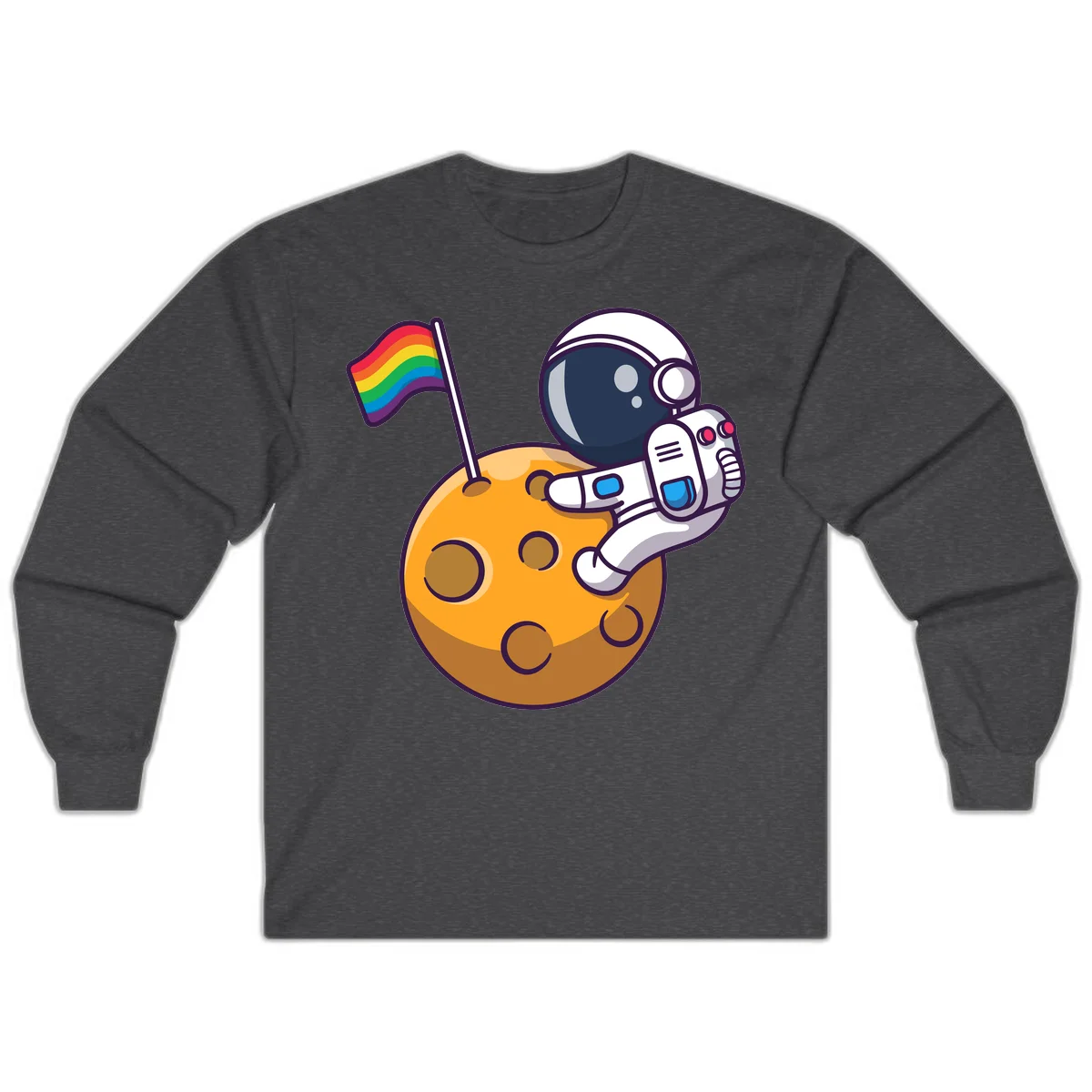 Cartoon astronaut in white space suit holding rainbow pride flag on golden moon surface with craters in Dark Heather
