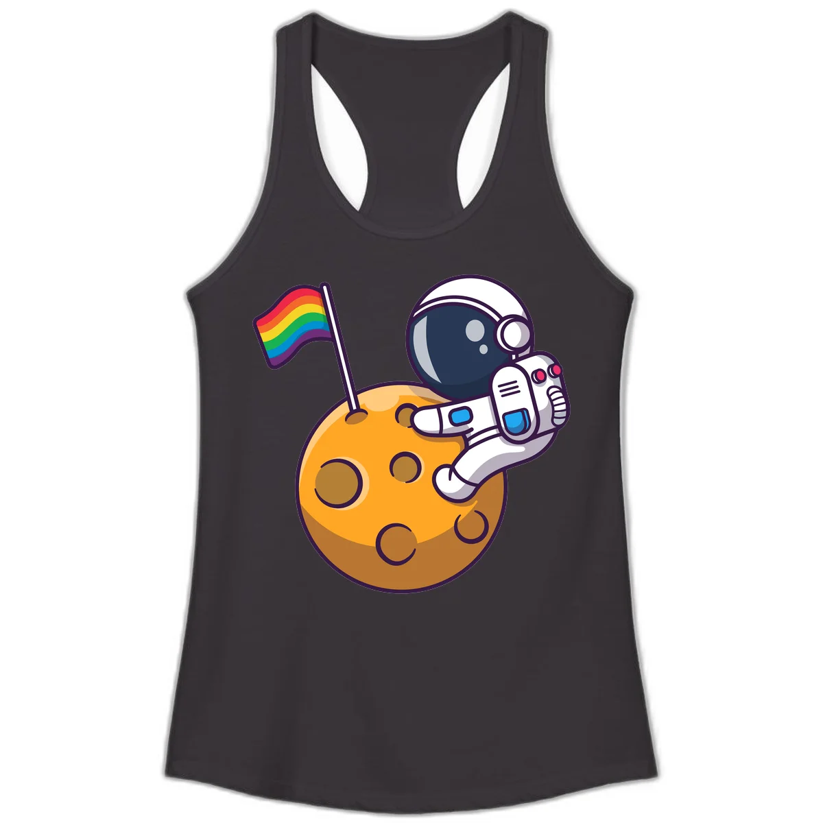 Cartoon astronaut in white space suit holding rainbow pride flag on golden moon surface with craters in Black