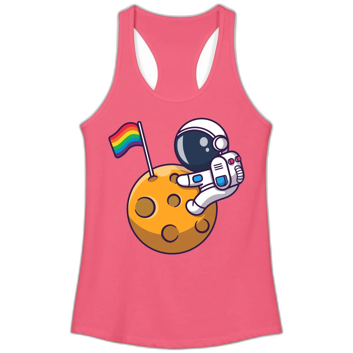 Cartoon astronaut in white space suit holding rainbow pride flag on golden moon surface with craters in Hot Pink