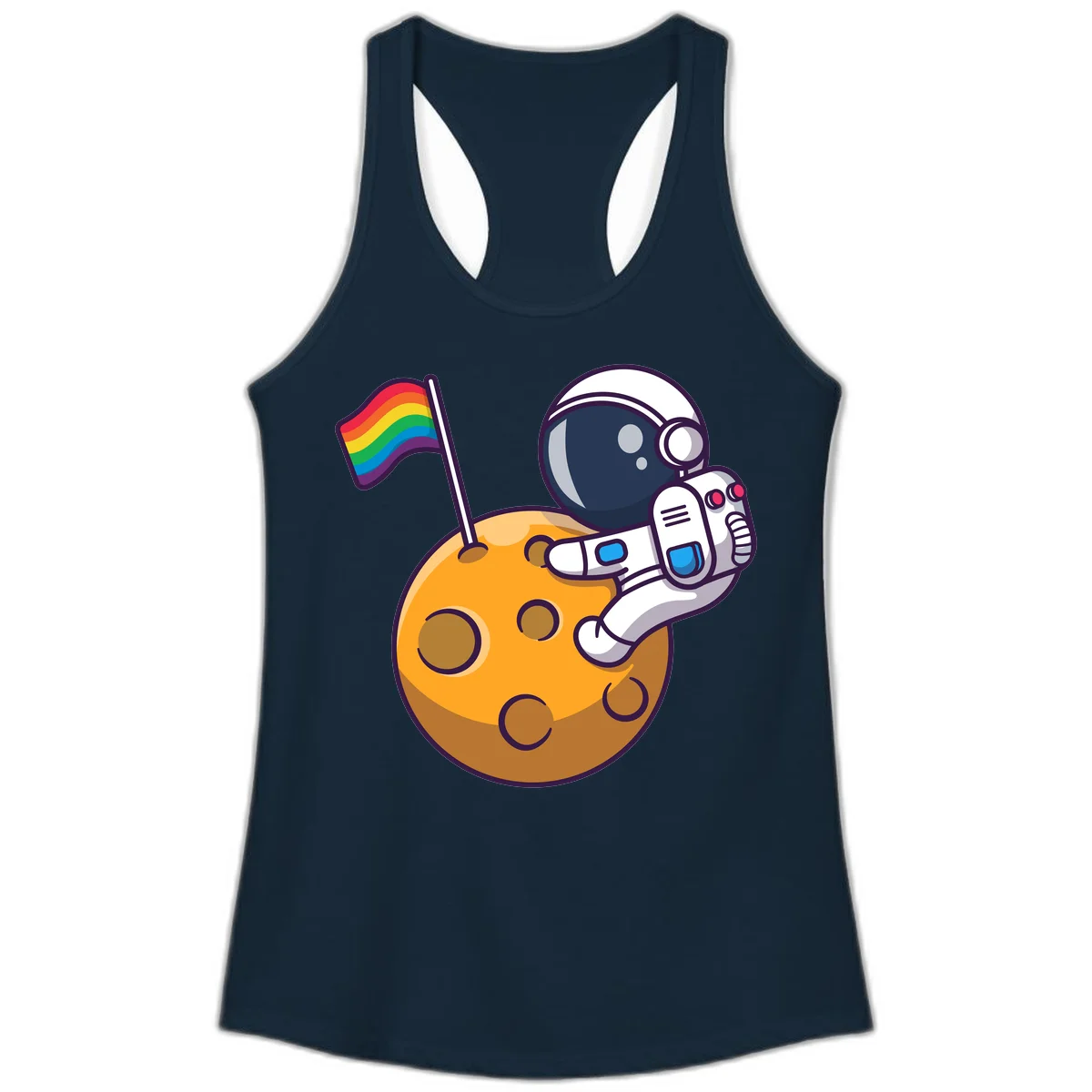 Cartoon astronaut in white space suit holding rainbow pride flag on golden moon surface with craters in Solid Midnight Navy