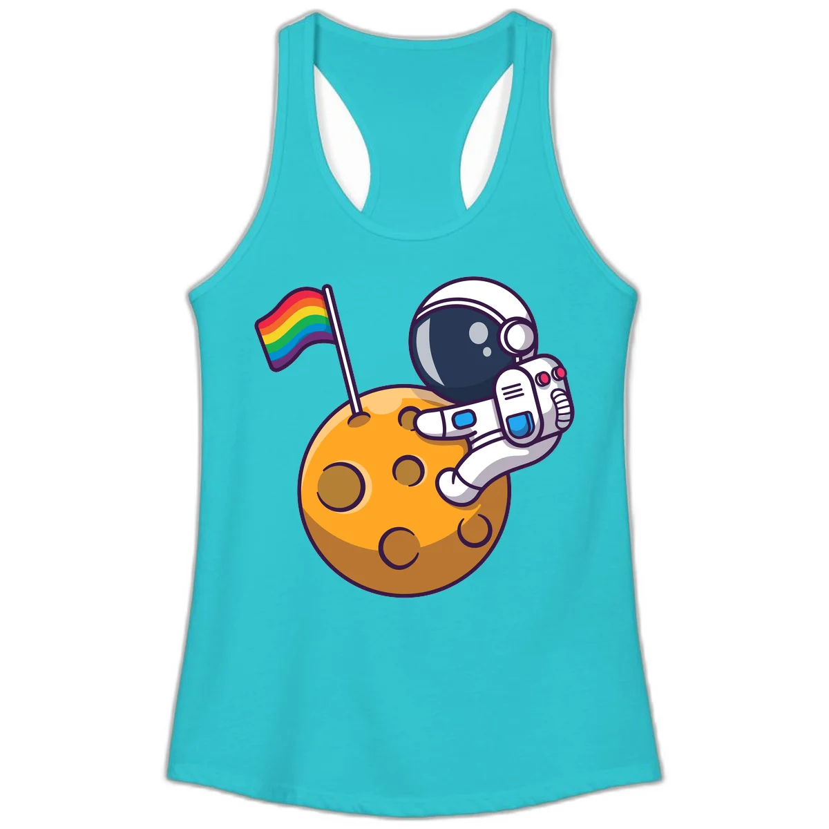 Cartoon astronaut in white space suit holding rainbow pride flag on golden moon surface with craters in Solid Tahiti Blue