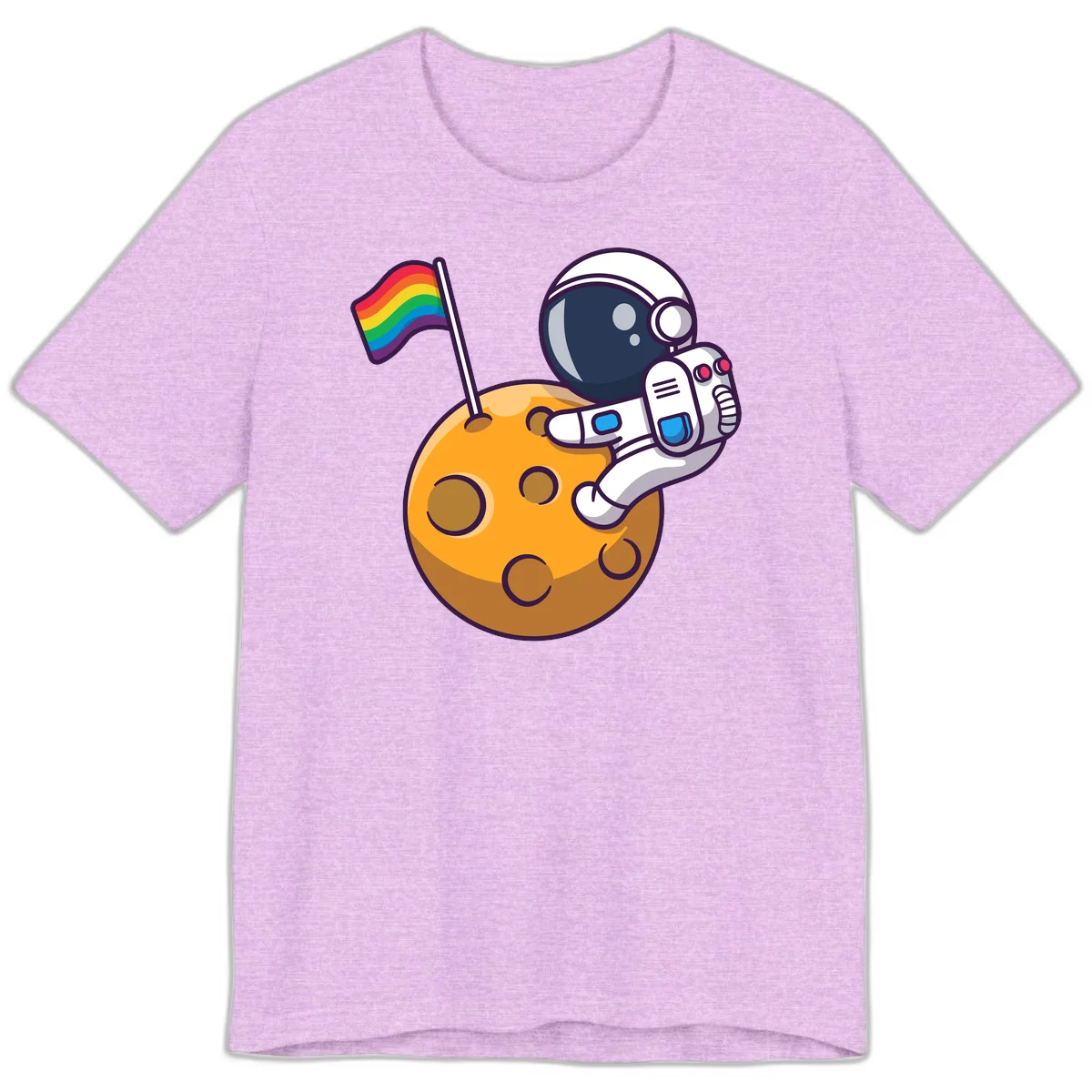 Cartoon astronaut in white space suit holding rainbow pride flag on golden moon surface with craters in Heather Prism Lilac