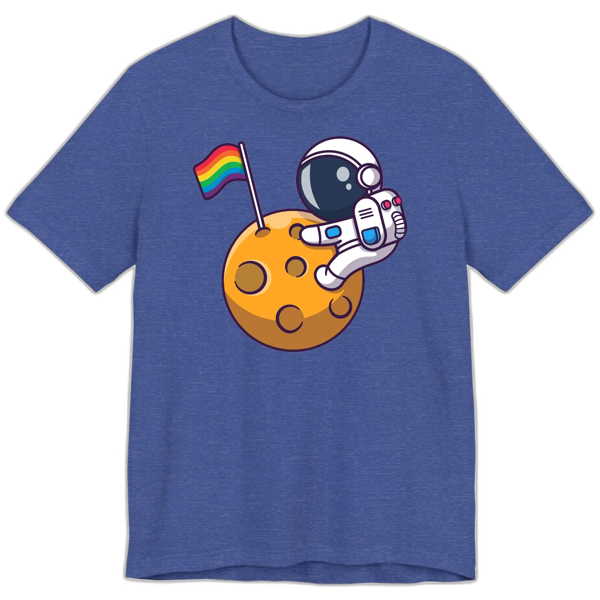 Cartoon astronaut in white space suit holding rainbow pride flag on golden moon surface with craters in Heather True Royal
