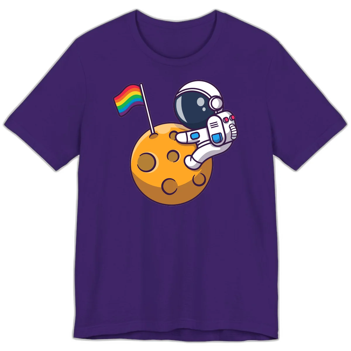 Cartoon astronaut in white space suit holding rainbow pride flag on golden moon surface with craters in Team Purple