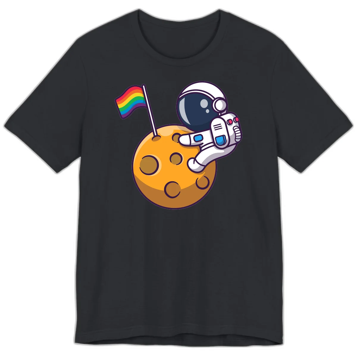 Cartoon astronaut in white space suit holding rainbow pride flag on golden moon surface with craters in Vintage Black