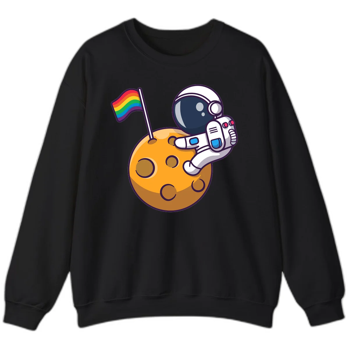 Cartoon astronaut in white space suit holding rainbow pride flag on golden moon surface with craters in Black