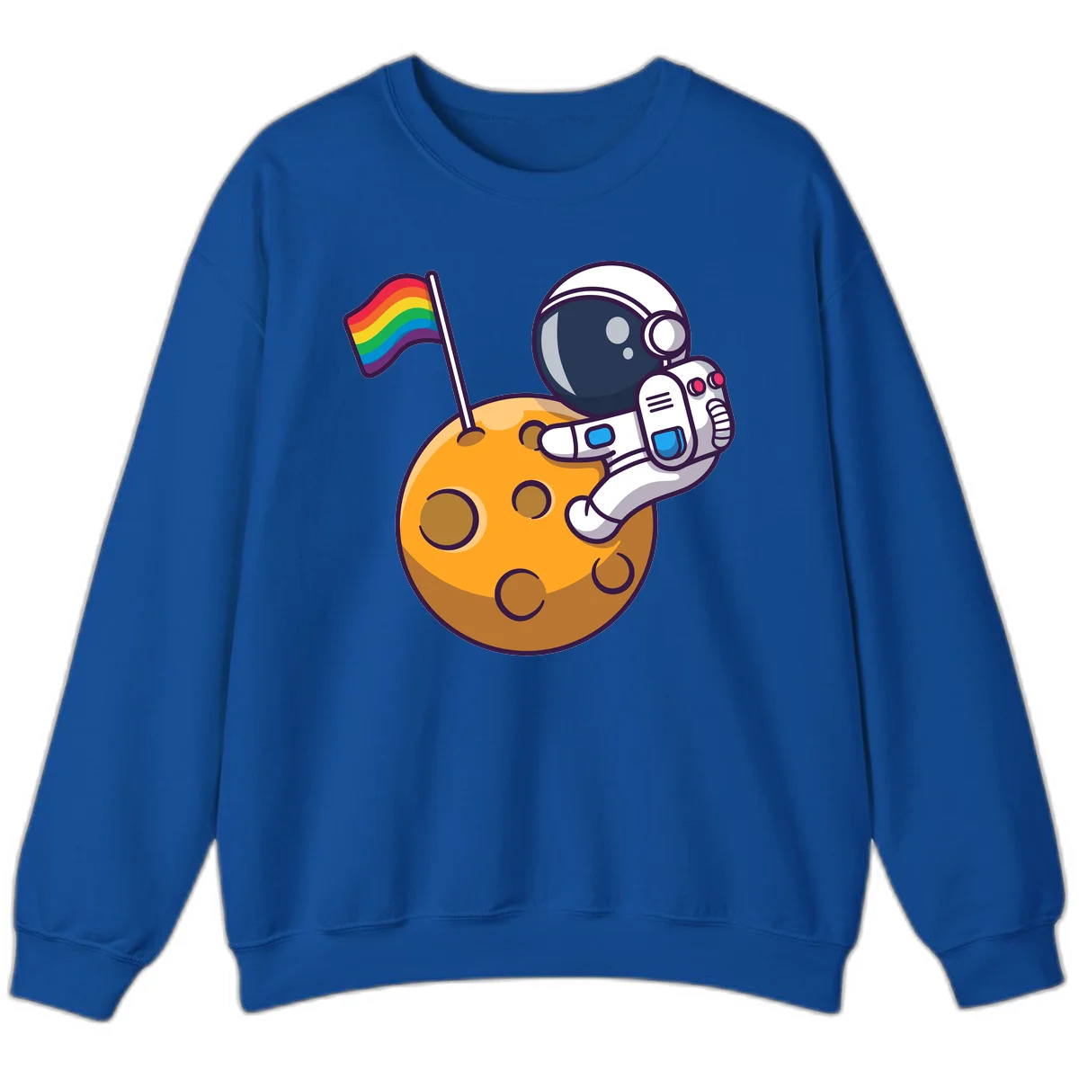 Cartoon astronaut in white space suit holding rainbow pride flag on golden moon surface with craters in Royal