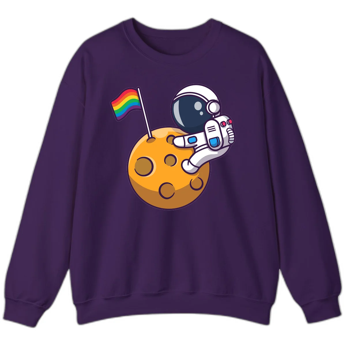Cartoon astronaut in white space suit holding rainbow pride flag on golden moon surface with craters in Purple
