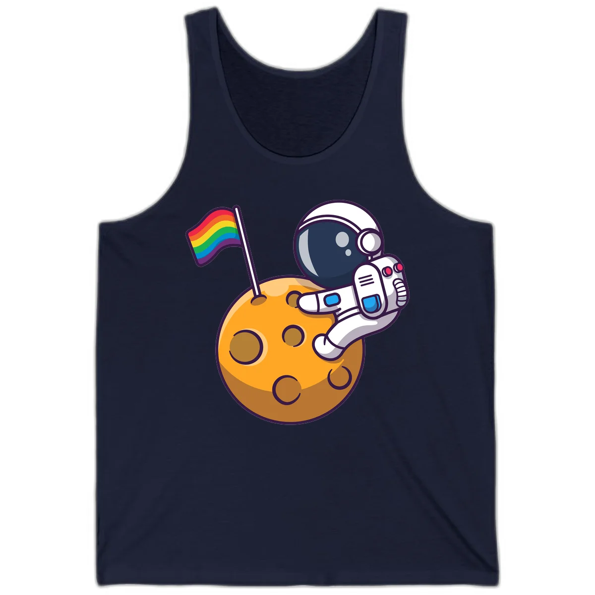 Cartoon astronaut in white space suit holding rainbow pride flag on golden moon surface with craters in Navy