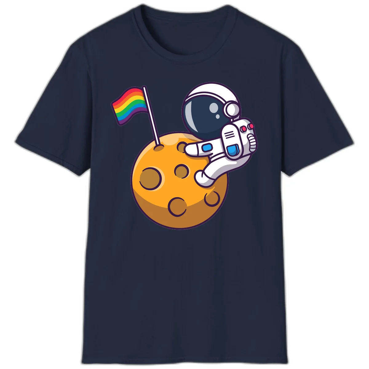 Cartoon astronaut in white space suit holding rainbow pride flag on golden moon surface with craters in Navy
