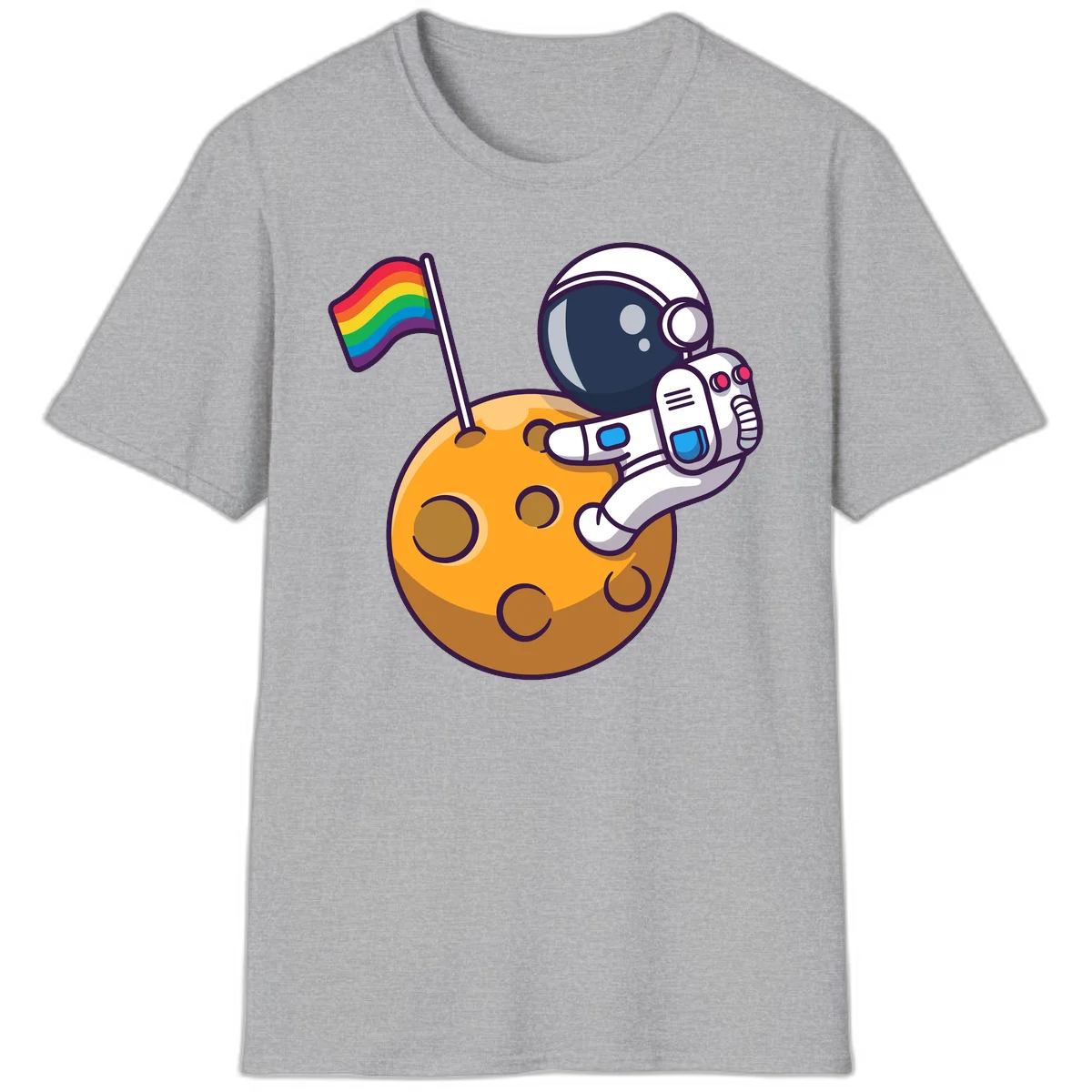 Cartoon astronaut in white space suit holding rainbow pride flag on golden moon surface with craters in Sport Grey