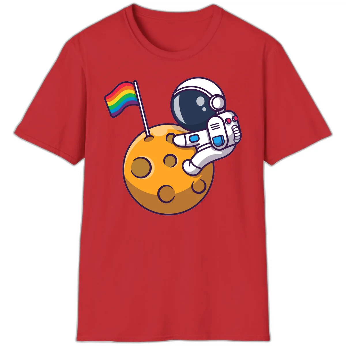 Cartoon astronaut in white space suit holding rainbow pride flag on golden moon surface with craters in Red