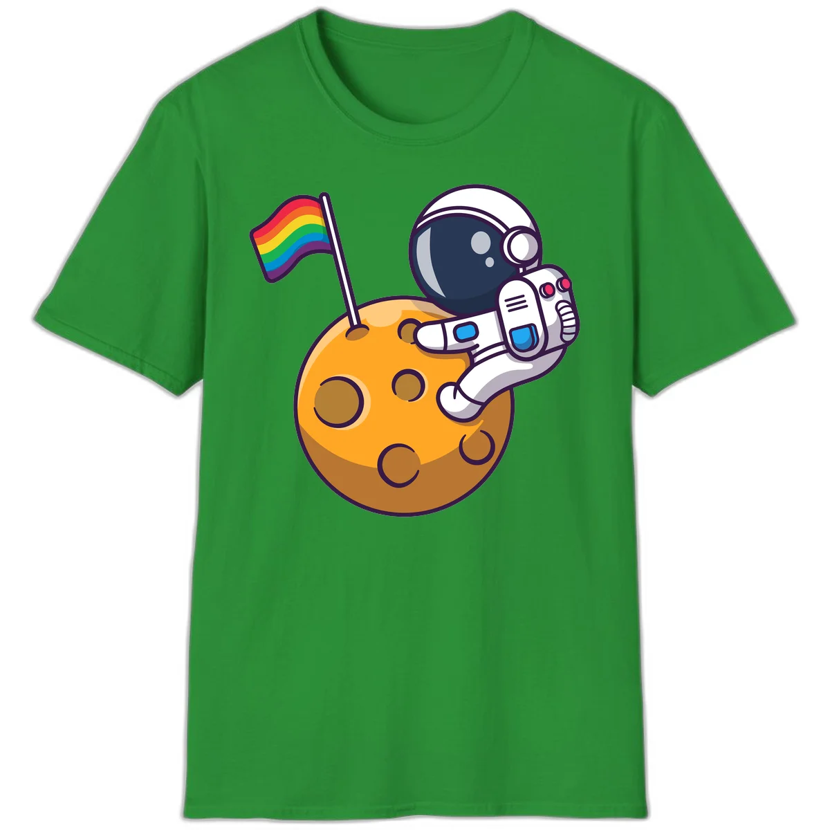 Cartoon astronaut in white space suit holding rainbow pride flag on golden moon surface with craters in Irish Green