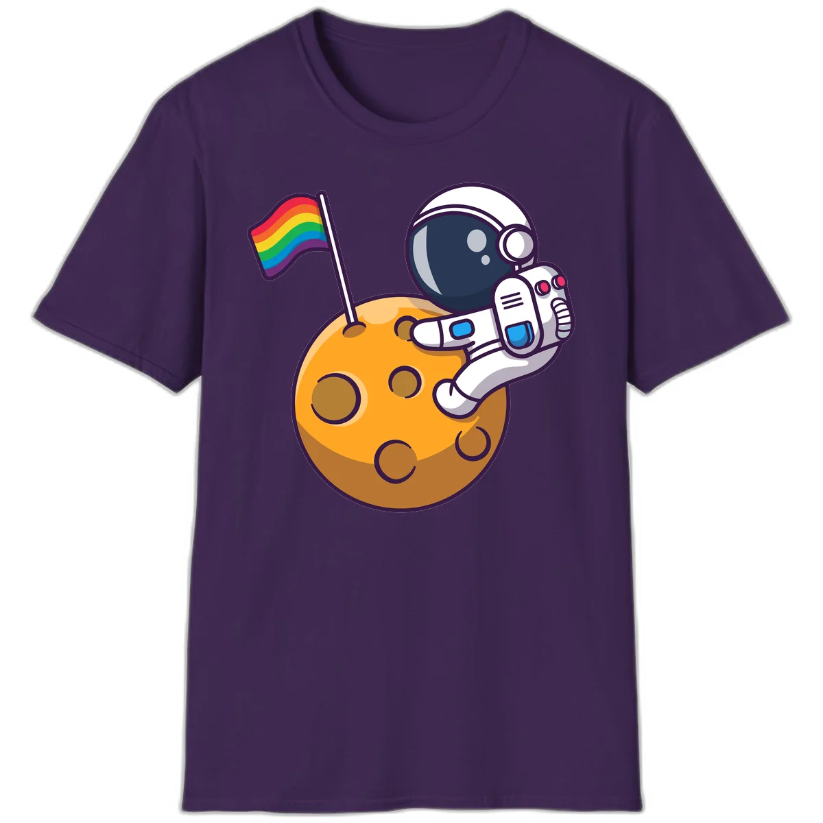 Cartoon astronaut in white space suit holding rainbow pride flag on golden moon surface with craters in Purple
