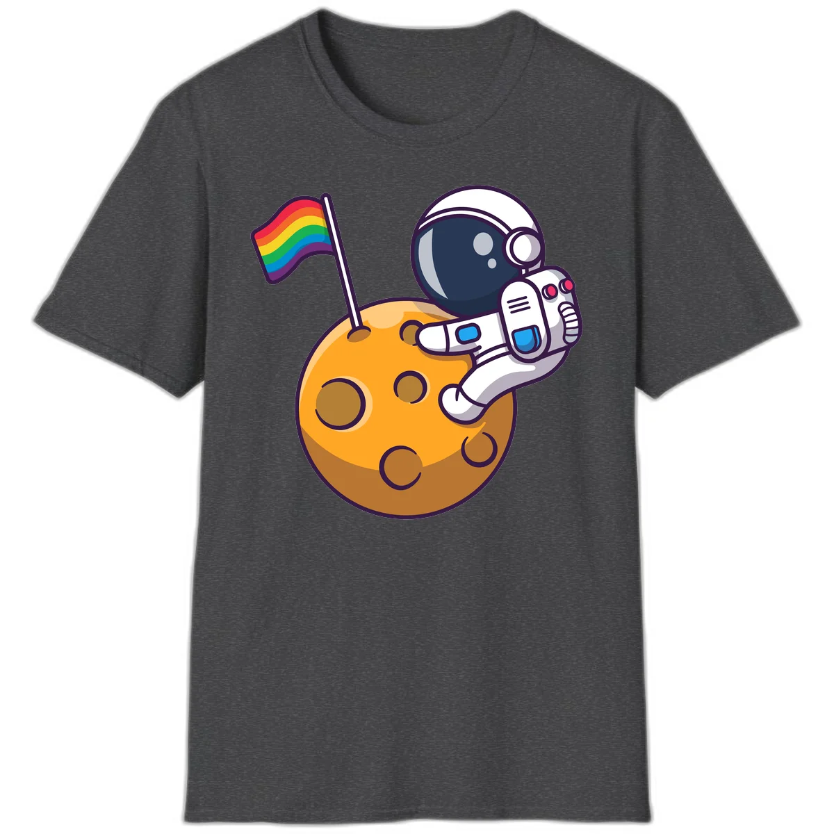 Cartoon astronaut in white space suit holding rainbow pride flag on golden moon surface with craters in Dark Heather