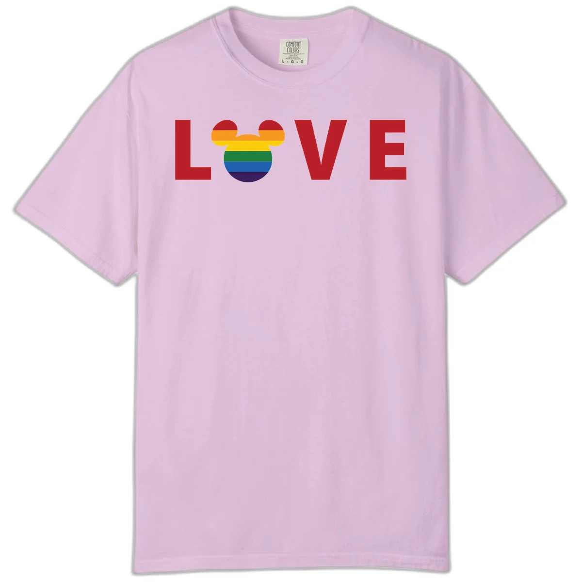 Love pride mouse ears design with rainbow-striped Mickey head icon and colorful pride flag stripes on gray background in Orchid