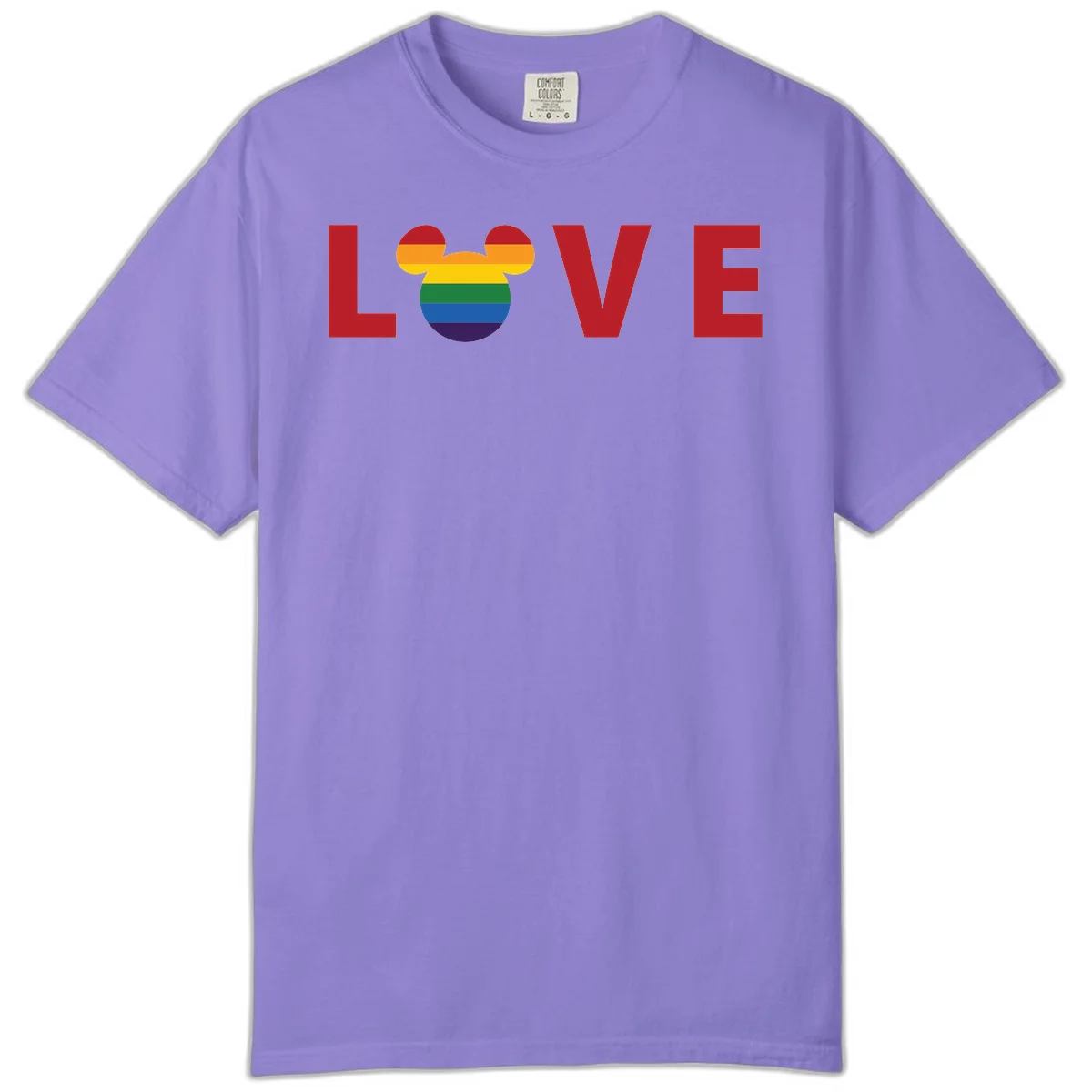 Love pride mouse ears design with rainbow-striped Mickey head icon and colorful pride flag stripes on gray background in Violet
