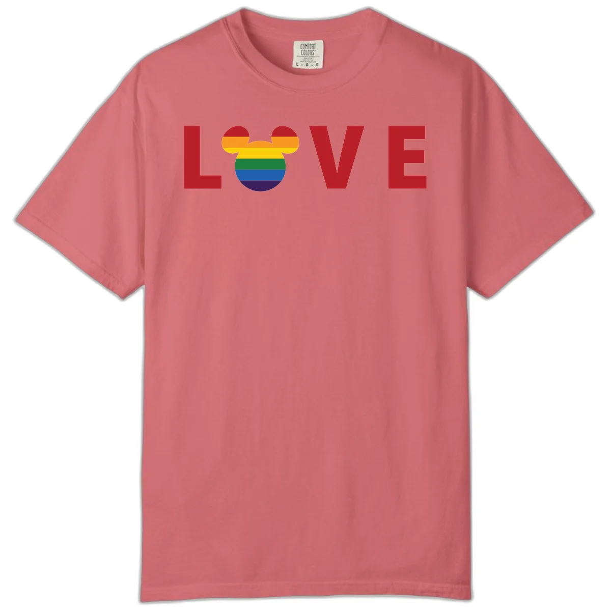 Love pride mouse ears design with rainbow-striped Mickey head icon and colorful pride flag stripes on gray background in Watermelon