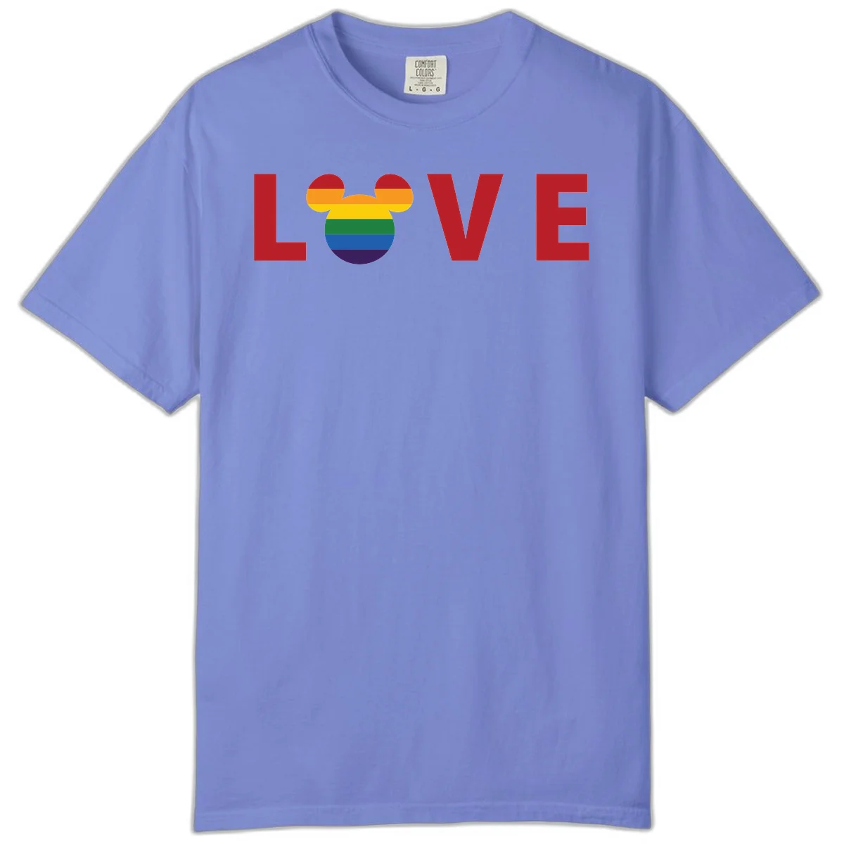 Love pride mouse ears design with rainbow-striped Mickey head icon and colorful pride flag stripes on gray background in Flo Blue