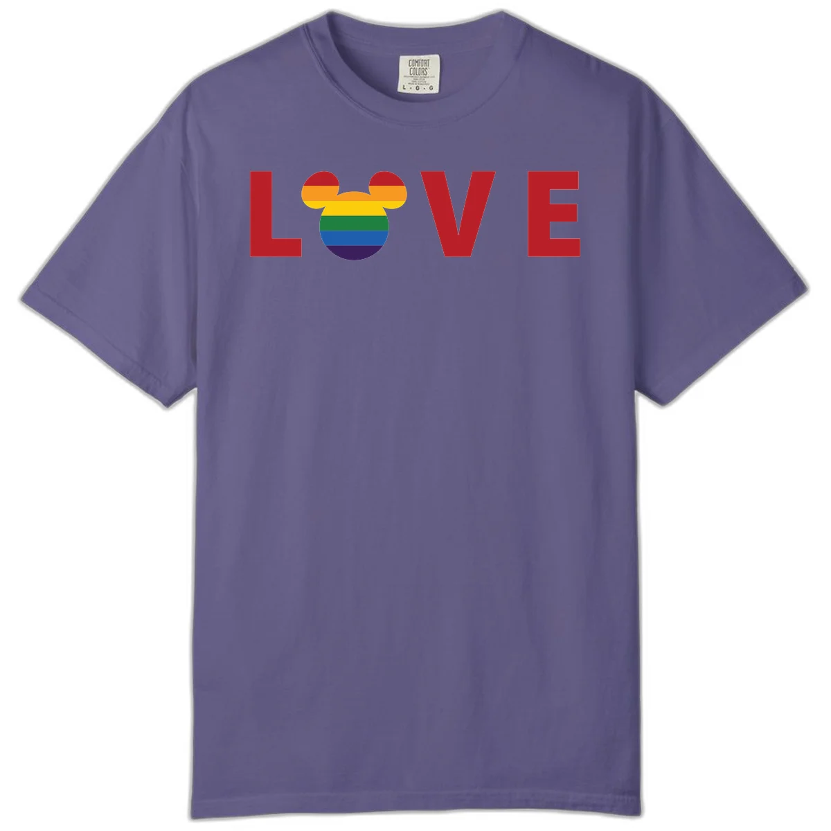 Love pride mouse ears design with rainbow-striped Mickey head icon and colorful pride flag stripes on gray background in Grape