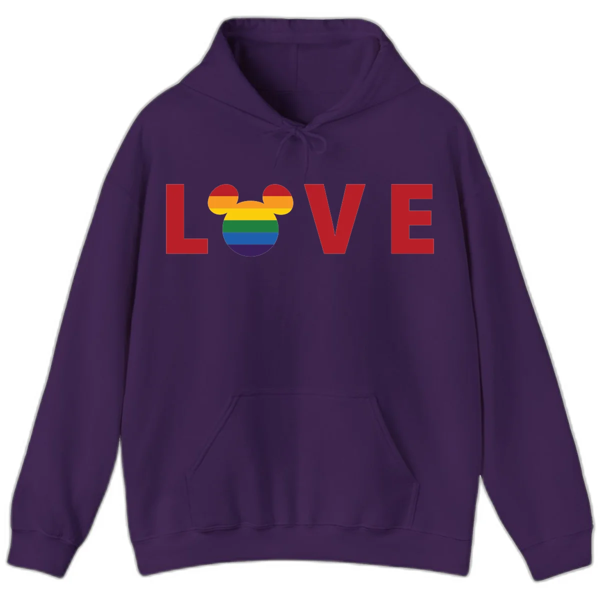 Love pride mouse ears design with rainbow-striped Mickey head icon and colorful pride flag stripes on gray background in Purple